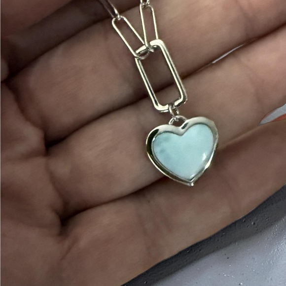 NWT Natural Larimar 925 Sterling Silver Heart Paperclip Chain Necklace! NEW! - Picture 5 of 8